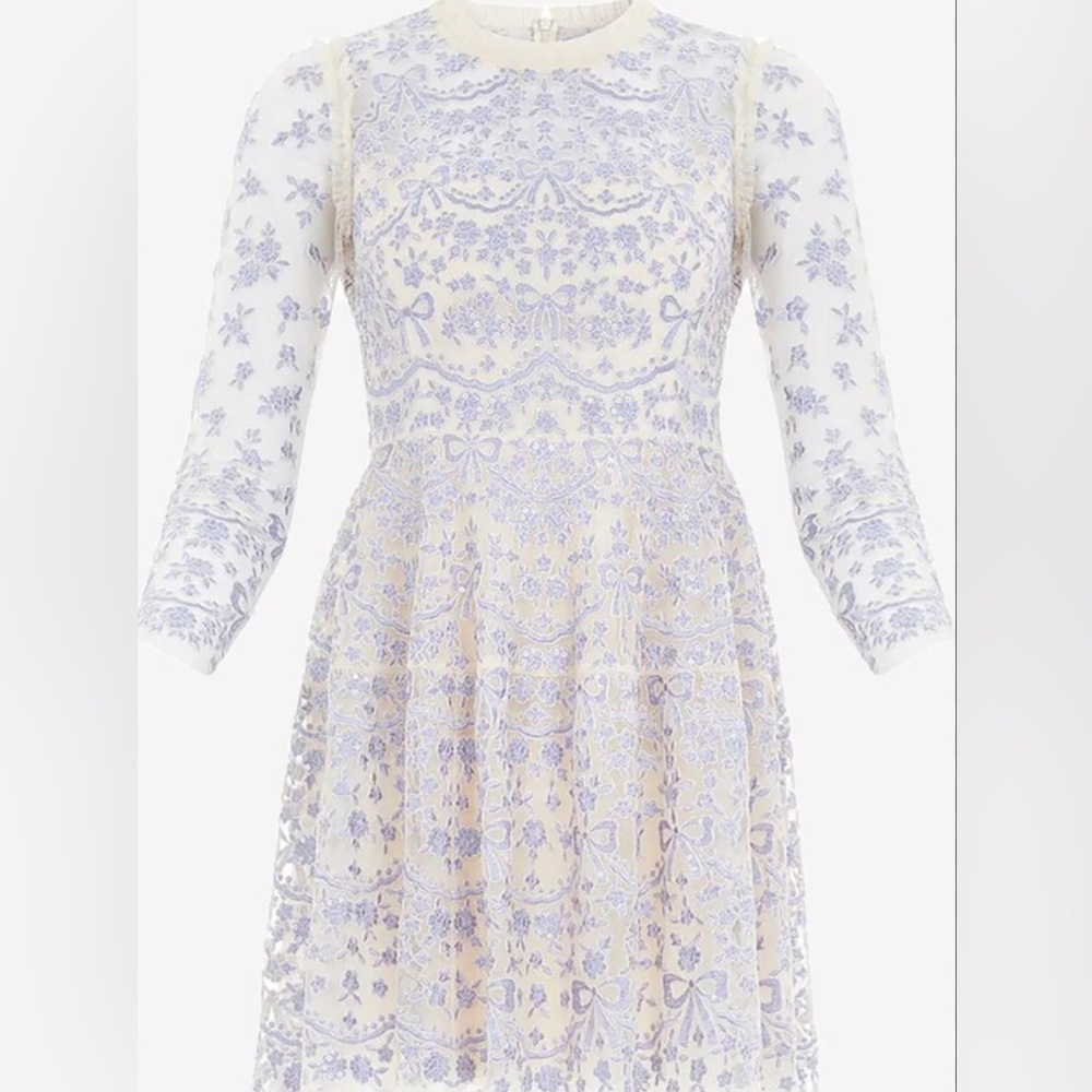 Needle & Thread Cream Lace Dress with Lavender Embroidery
